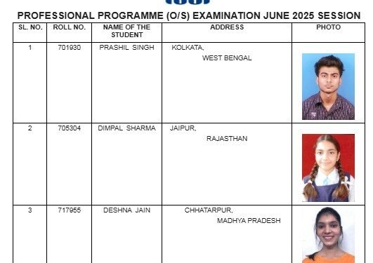 ICSI JUNE 2025 RESULT : कोलकाता से प्रशील सिंह ने प्रोफेशनल प्रोग्राम (2017 पाठ्यक्रम) परीक्षा में ऑल-इण्डिया फर्स्ट रैंक किया प्राप्त, देखें पूरी सूची